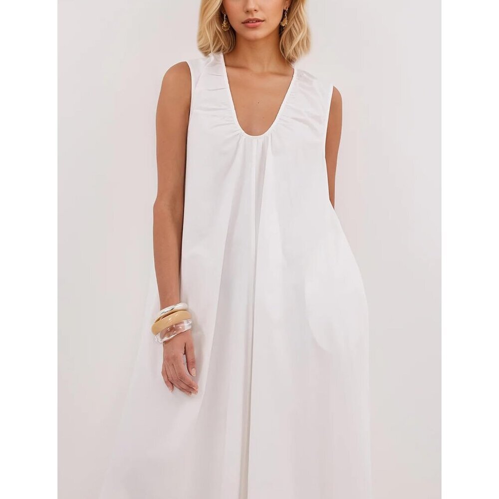 Women Flowy Maxi Dress Sleeveless Ruched Long Casual Vacation Sundress - Picture 2 of 4